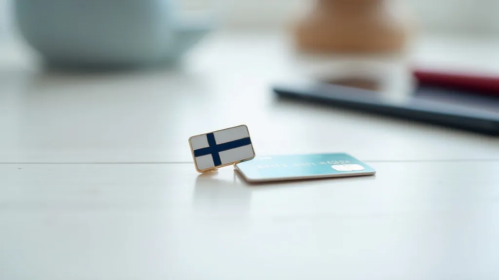 Pieni Suomen lippu pankkikortin ja puhelimen vieressä valkoisella pöydällä