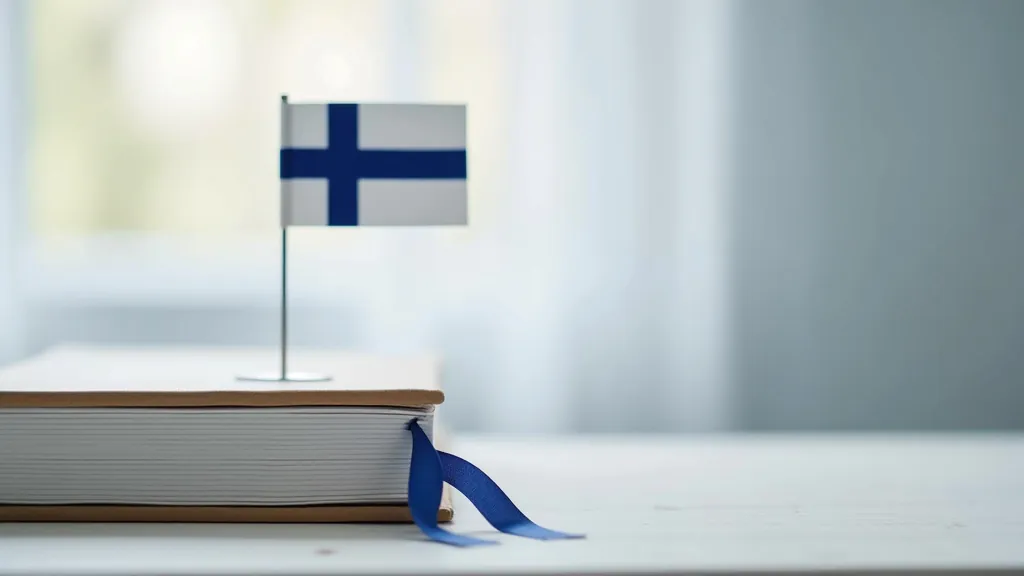 Paksu lakikirja sinisellä nauhalla ja pieni Suomen lippu pöydällä